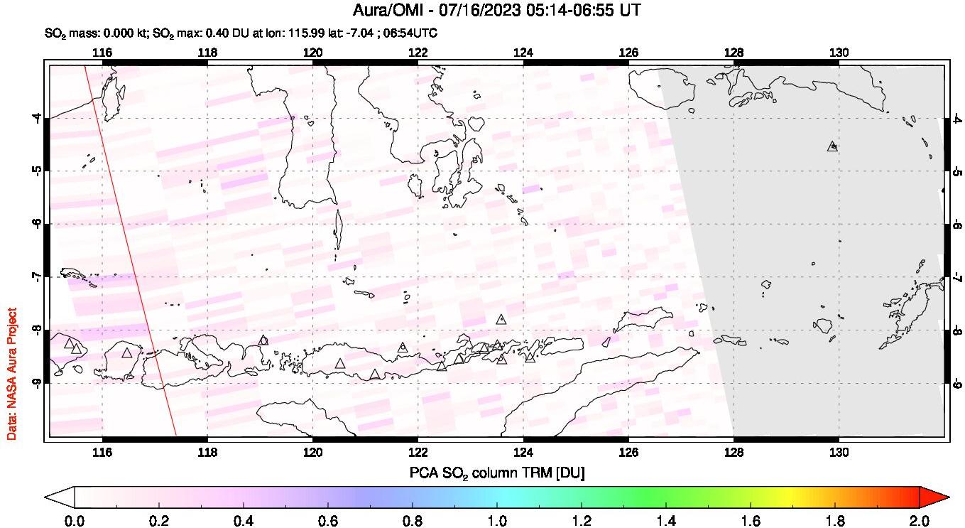 A sulfur dioxide image over Lesser Sunda Islands, Indonesia on Jul 16, 2023.