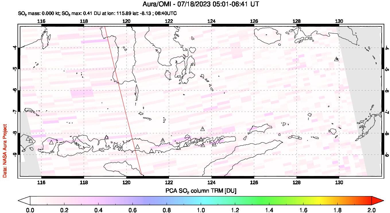 A sulfur dioxide image over Lesser Sunda Islands, Indonesia on Jul 18, 2023.