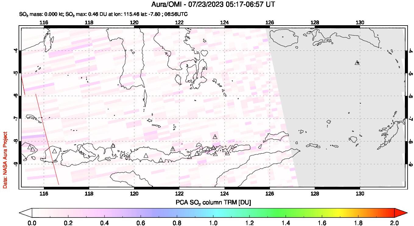 A sulfur dioxide image over Lesser Sunda Islands, Indonesia on Jul 23, 2023.