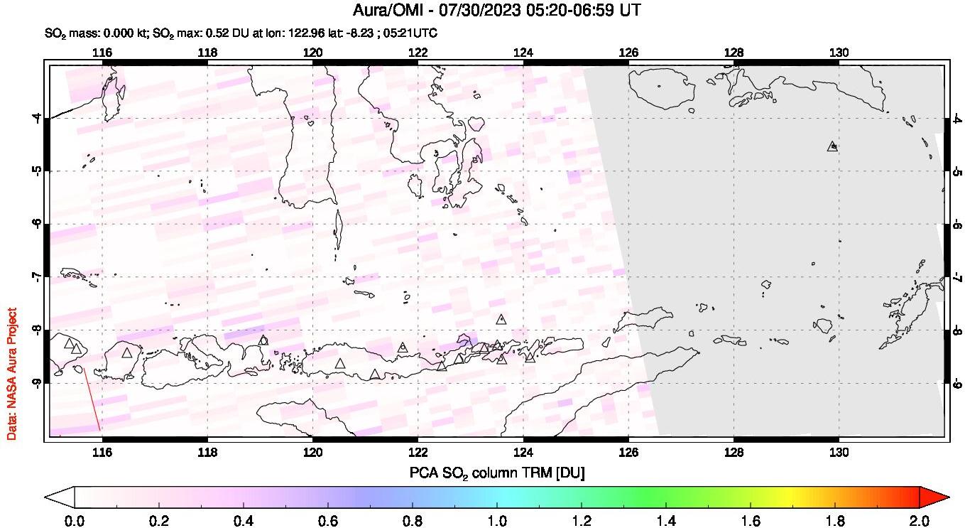 A sulfur dioxide image over Lesser Sunda Islands, Indonesia on Jul 30, 2023.