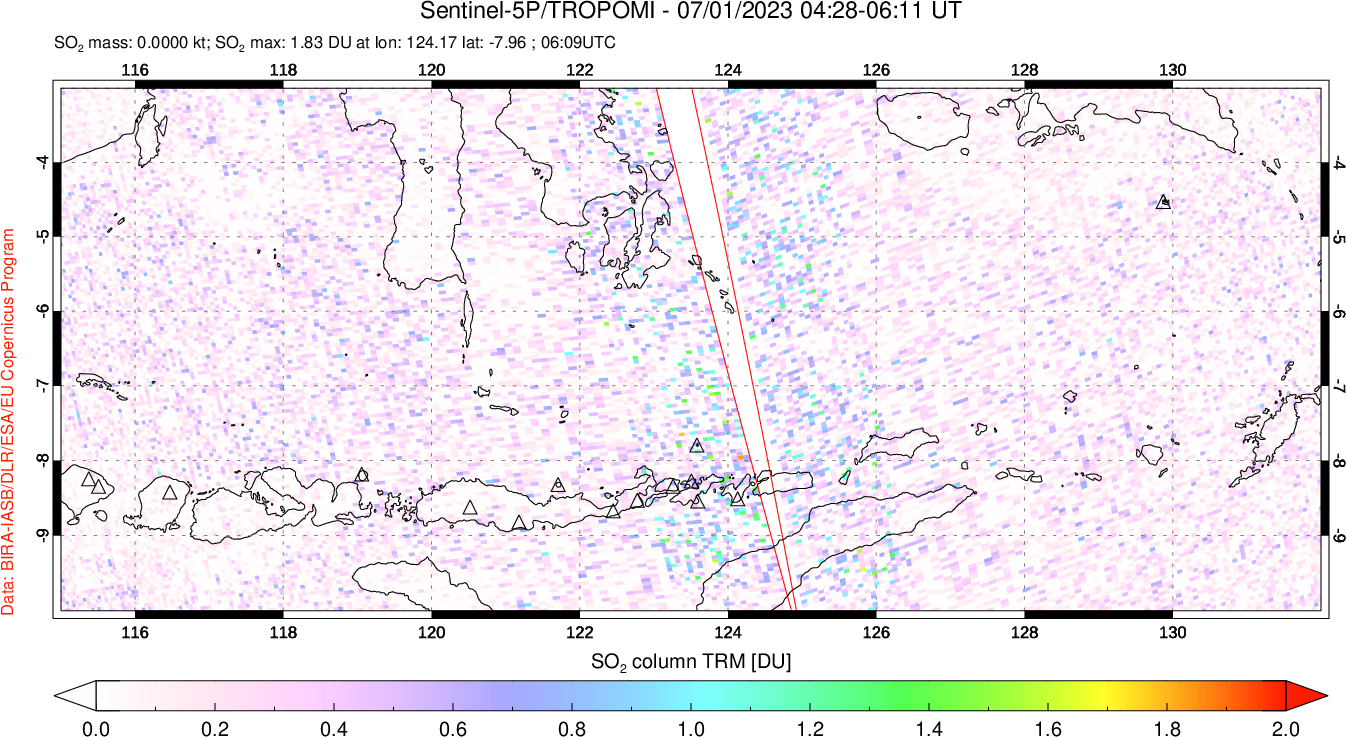 A sulfur dioxide image over Lesser Sunda Islands, Indonesia on Jul 01, 2023.