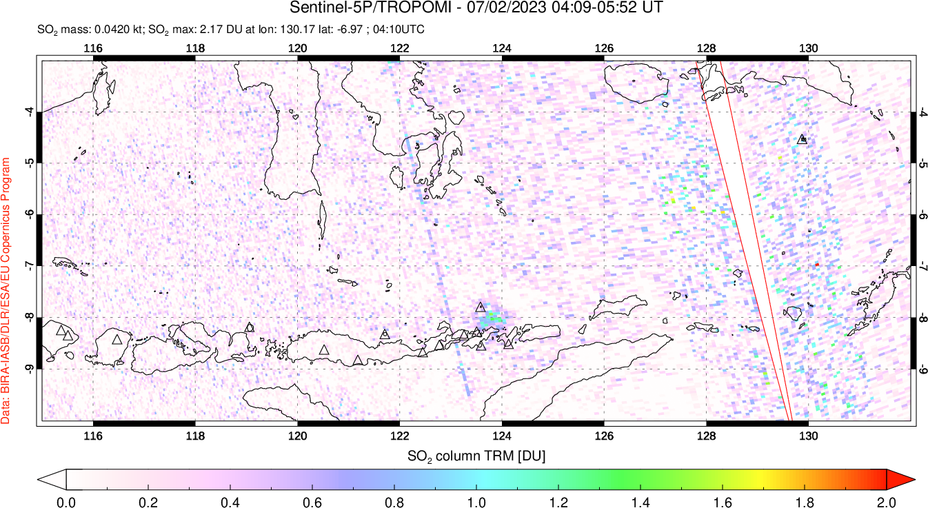 A sulfur dioxide image over Lesser Sunda Islands, Indonesia on Jul 02, 2023.
