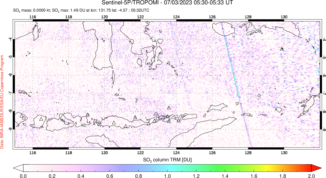 A sulfur dioxide image over Lesser Sunda Islands, Indonesia on Jul 03, 2023.
