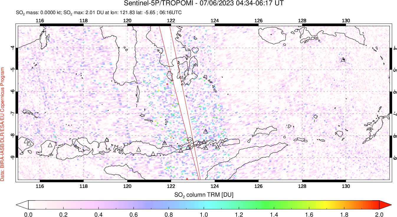 A sulfur dioxide image over Lesser Sunda Islands, Indonesia on Jul 06, 2023.