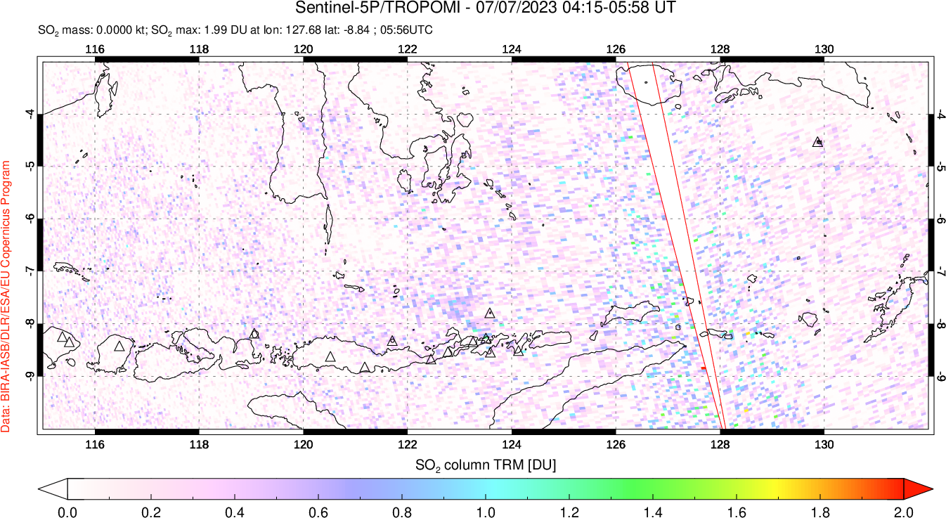 A sulfur dioxide image over Lesser Sunda Islands, Indonesia on Jul 07, 2023.