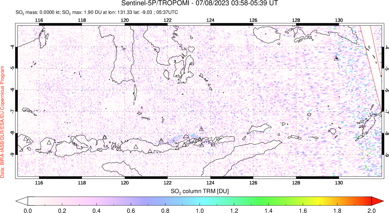 A sulfur dioxide image over Lesser Sunda Islands, Indonesia on Jul 08, 2023.