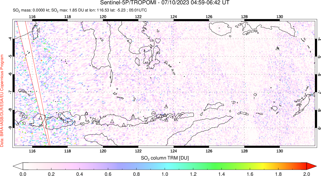 A sulfur dioxide image over Lesser Sunda Islands, Indonesia on Jul 10, 2023.