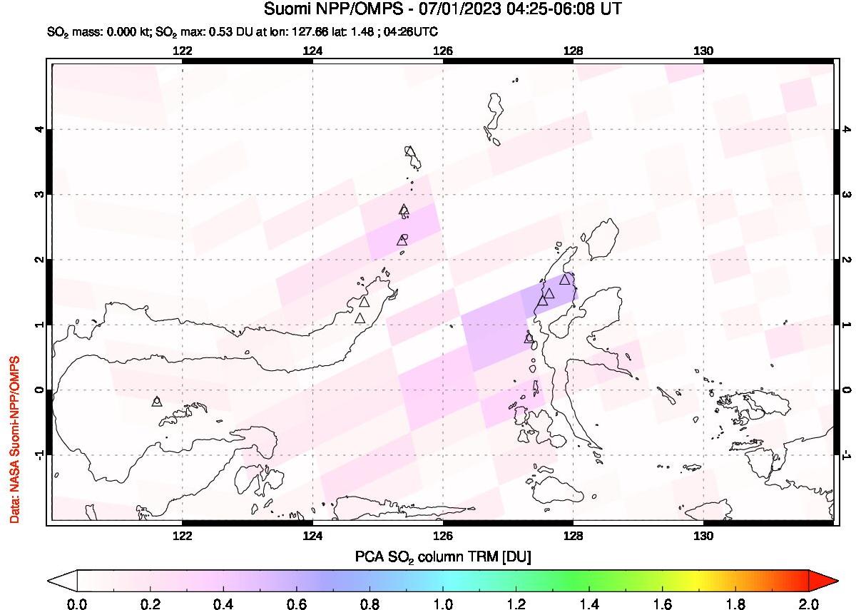 A sulfur dioxide image over Northern Sulawesi & Halmahera, Indonesia on Jul 01, 2023.