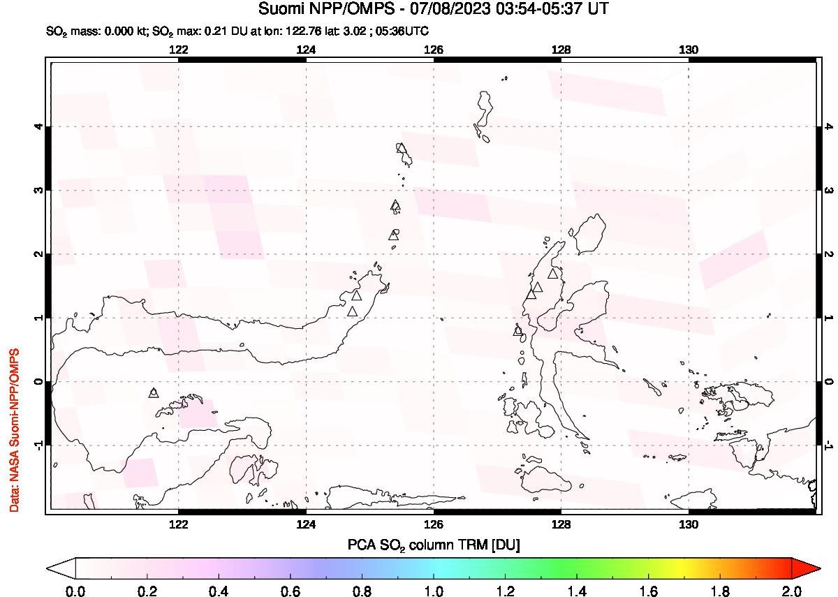 A sulfur dioxide image over Northern Sulawesi & Halmahera, Indonesia on Jul 08, 2023.