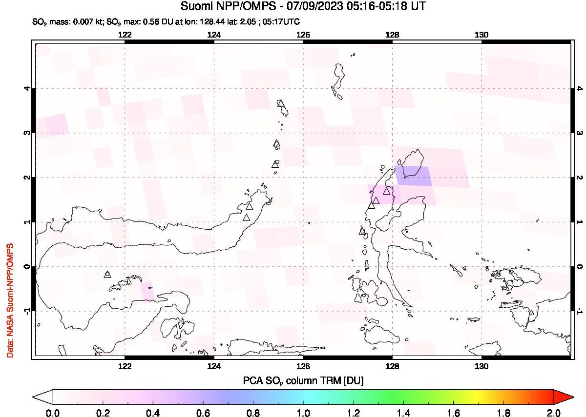 A sulfur dioxide image over Northern Sulawesi & Halmahera, Indonesia on Jul 09, 2023.