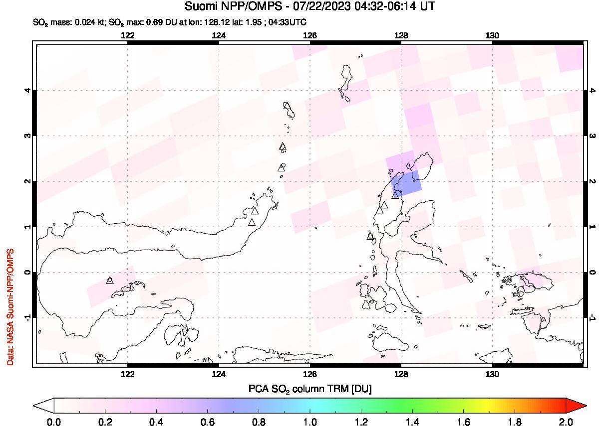 A sulfur dioxide image over Northern Sulawesi & Halmahera, Indonesia on Jul 22, 2023.