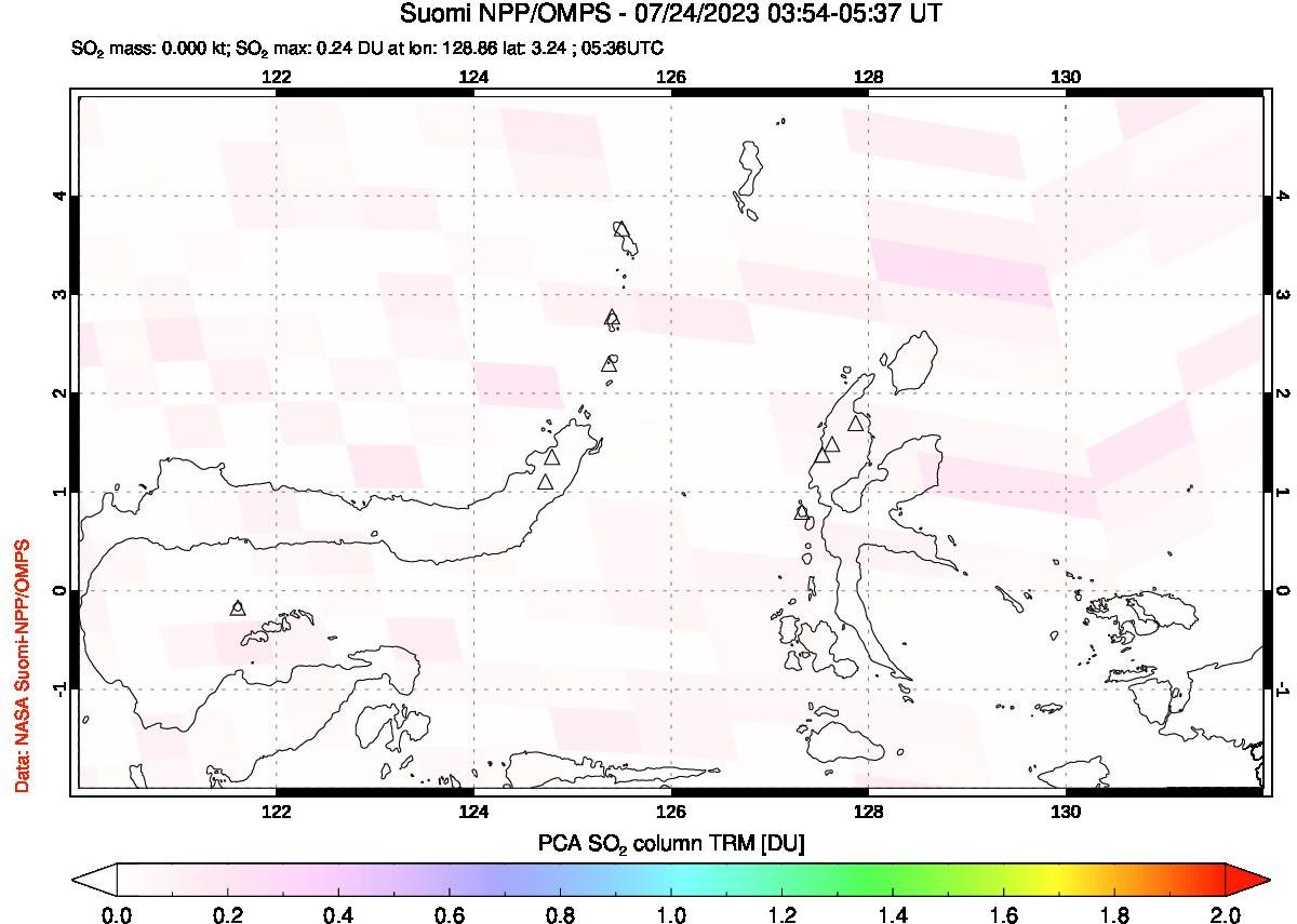 A sulfur dioxide image over Northern Sulawesi & Halmahera, Indonesia on Jul 24, 2023.