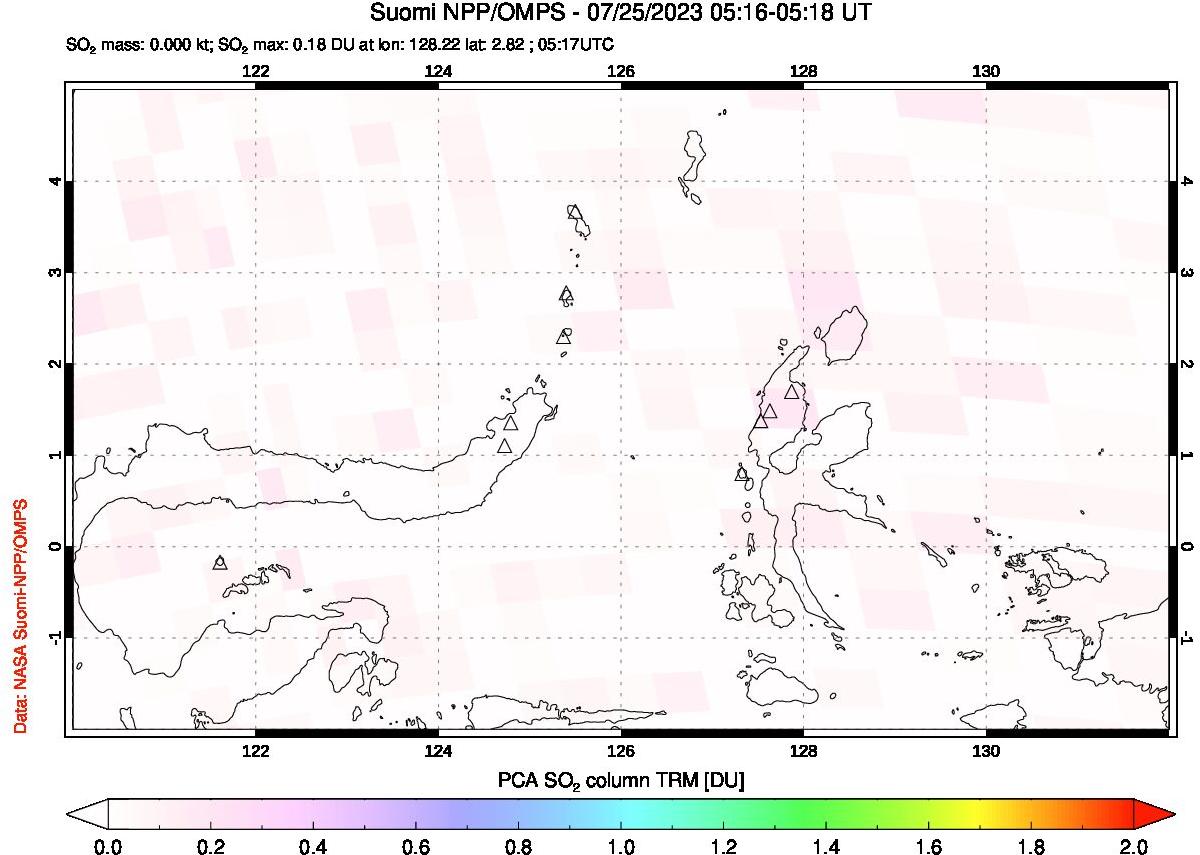 A sulfur dioxide image over Northern Sulawesi & Halmahera, Indonesia on Jul 25, 2023.