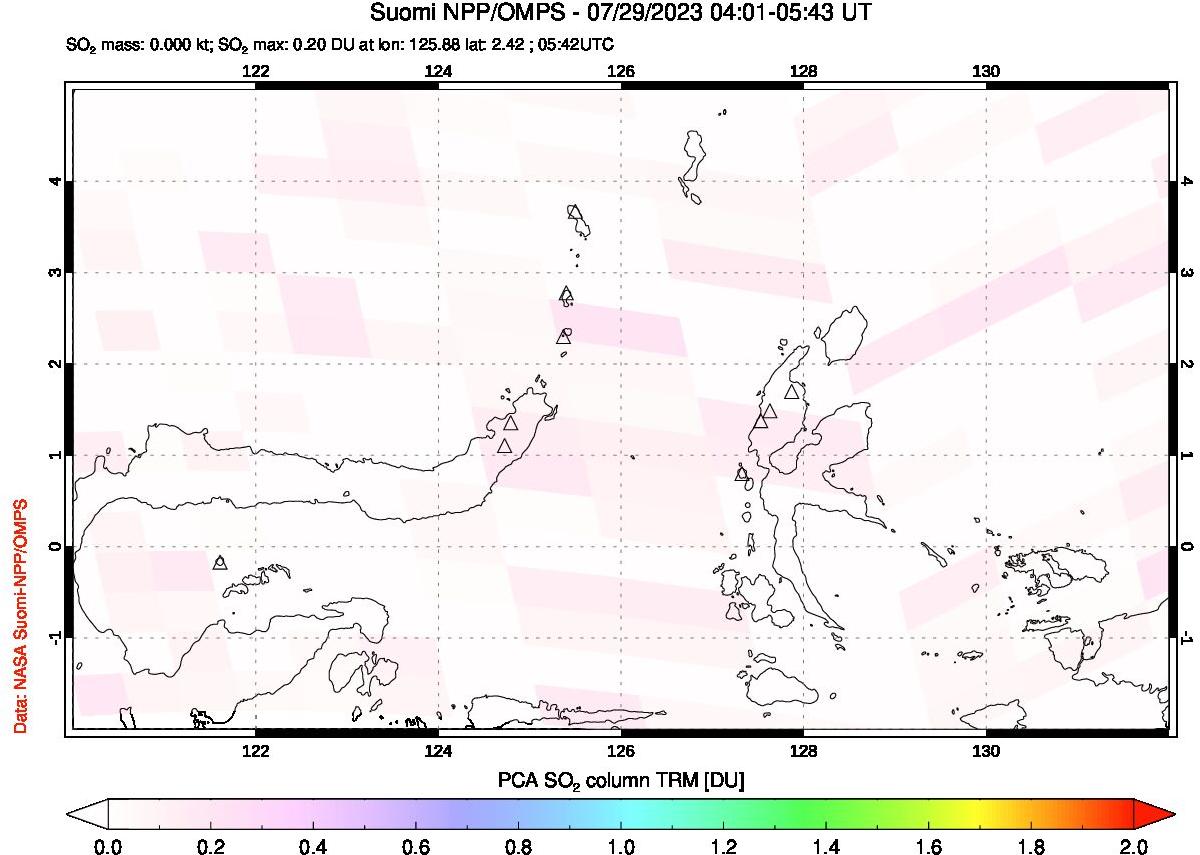 A sulfur dioxide image over Northern Sulawesi & Halmahera, Indonesia on Jul 29, 2023.