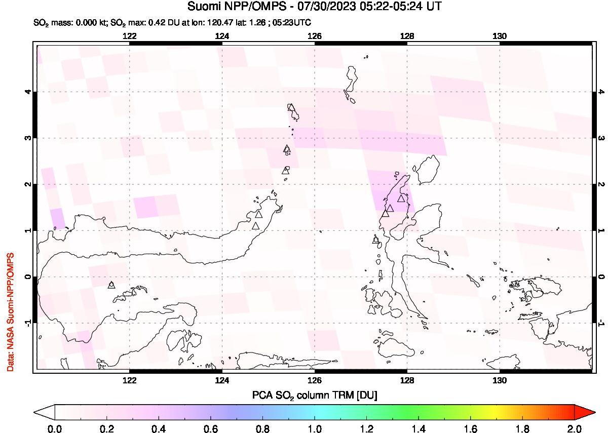 A sulfur dioxide image over Northern Sulawesi & Halmahera, Indonesia on Jul 30, 2023.