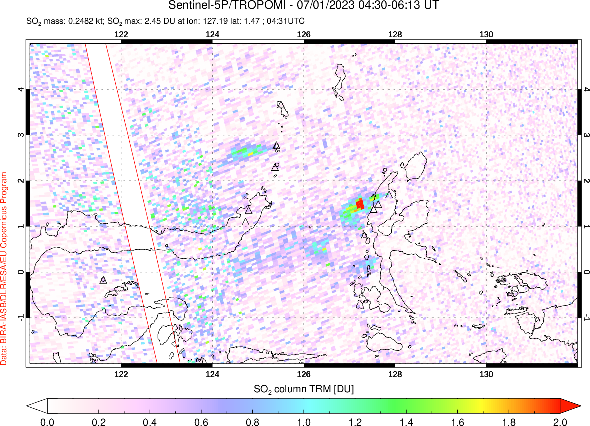 A sulfur dioxide image over Northern Sulawesi & Halmahera, Indonesia on Jul 01, 2023.
