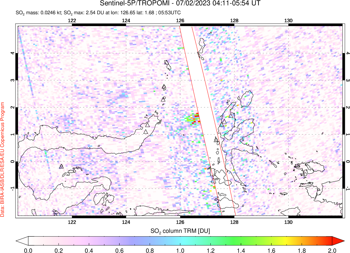 A sulfur dioxide image over Northern Sulawesi & Halmahera, Indonesia on Jul 02, 2023.