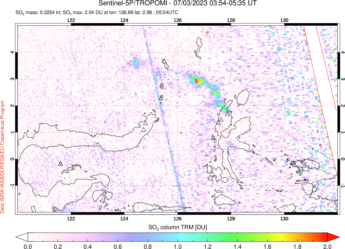 A sulfur dioxide image over Northern Sulawesi & Halmahera, Indonesia on Jul 03, 2023.