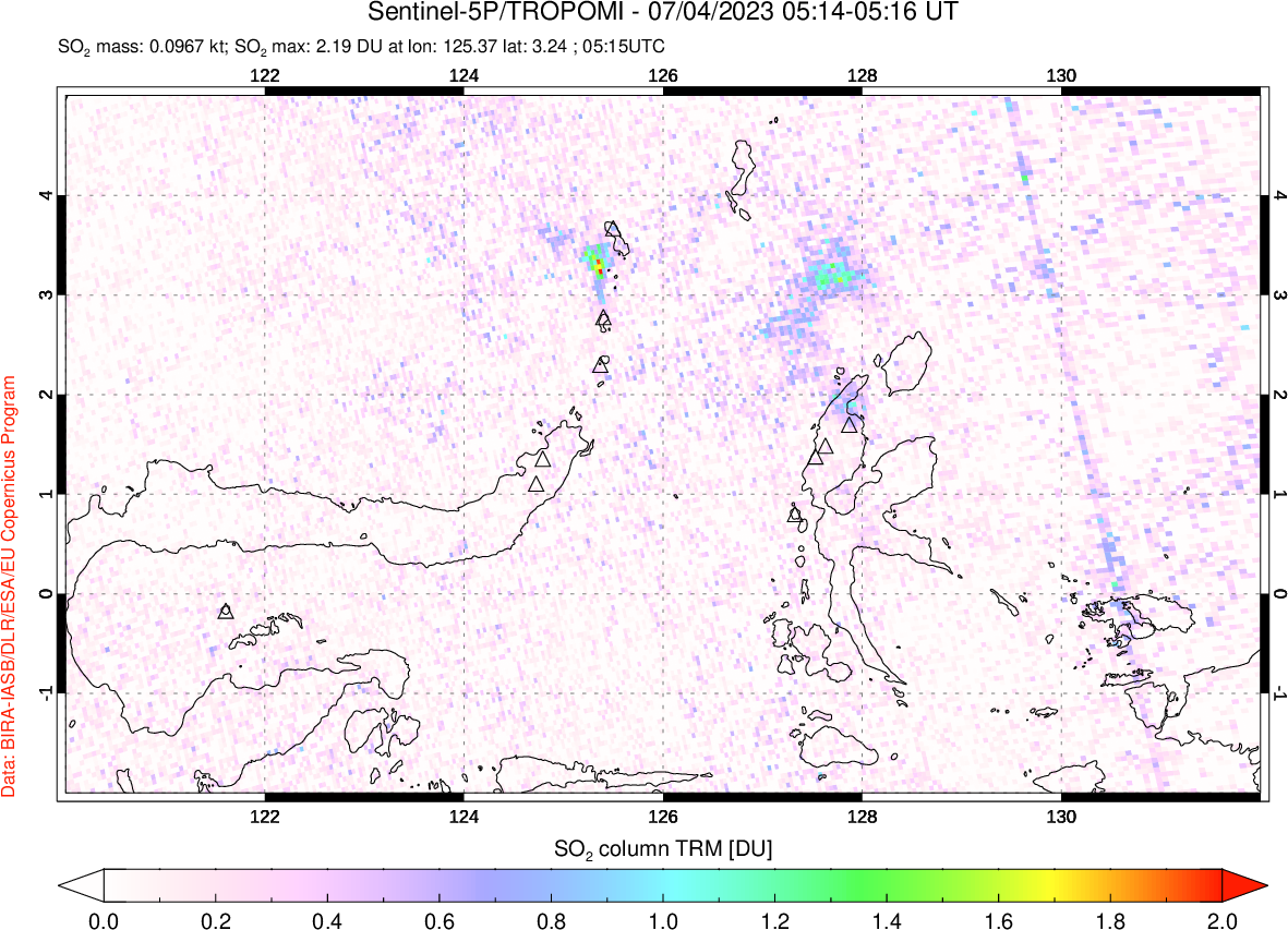 A sulfur dioxide image over Northern Sulawesi & Halmahera, Indonesia on Jul 04, 2023.