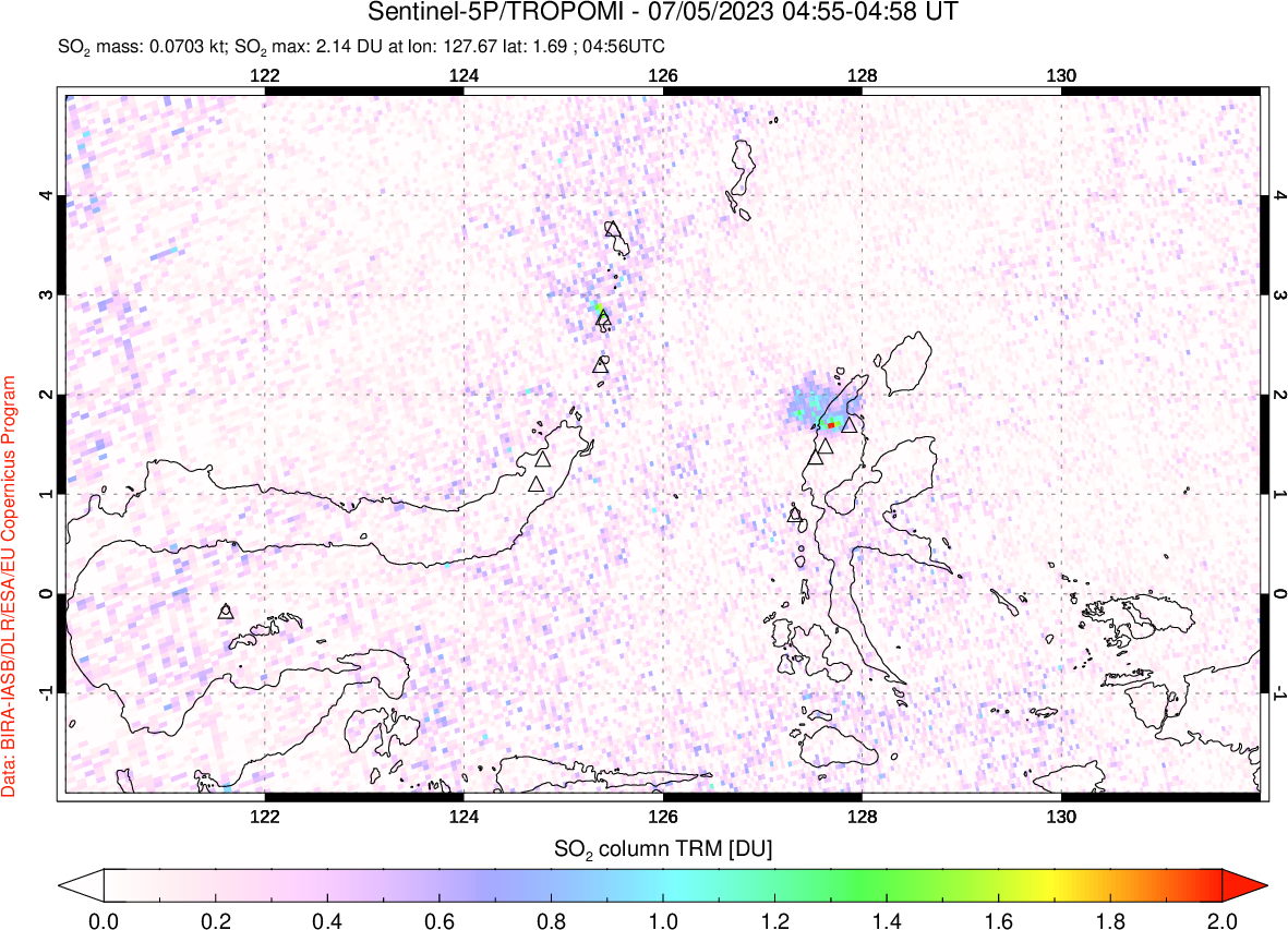 A sulfur dioxide image over Northern Sulawesi & Halmahera, Indonesia on Jul 05, 2023.