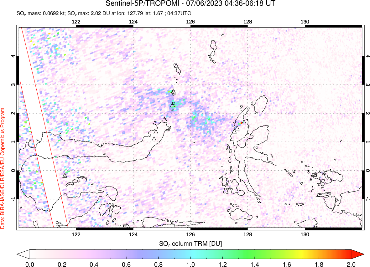 A sulfur dioxide image over Northern Sulawesi & Halmahera, Indonesia on Jul 06, 2023.