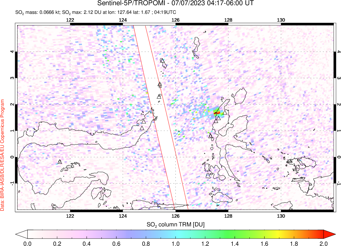 A sulfur dioxide image over Northern Sulawesi & Halmahera, Indonesia on Jul 07, 2023.