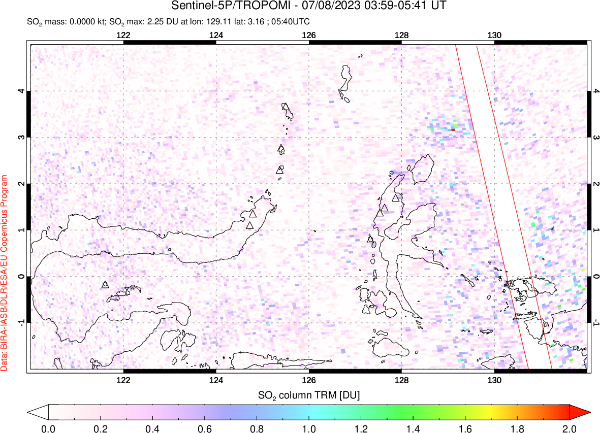 A sulfur dioxide image over Northern Sulawesi & Halmahera, Indonesia on Jul 08, 2023.