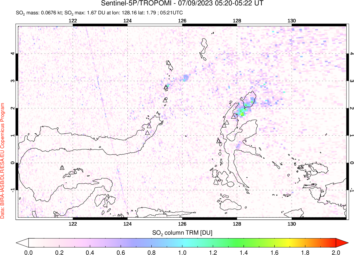 A sulfur dioxide image over Northern Sulawesi & Halmahera, Indonesia on Jul 09, 2023.