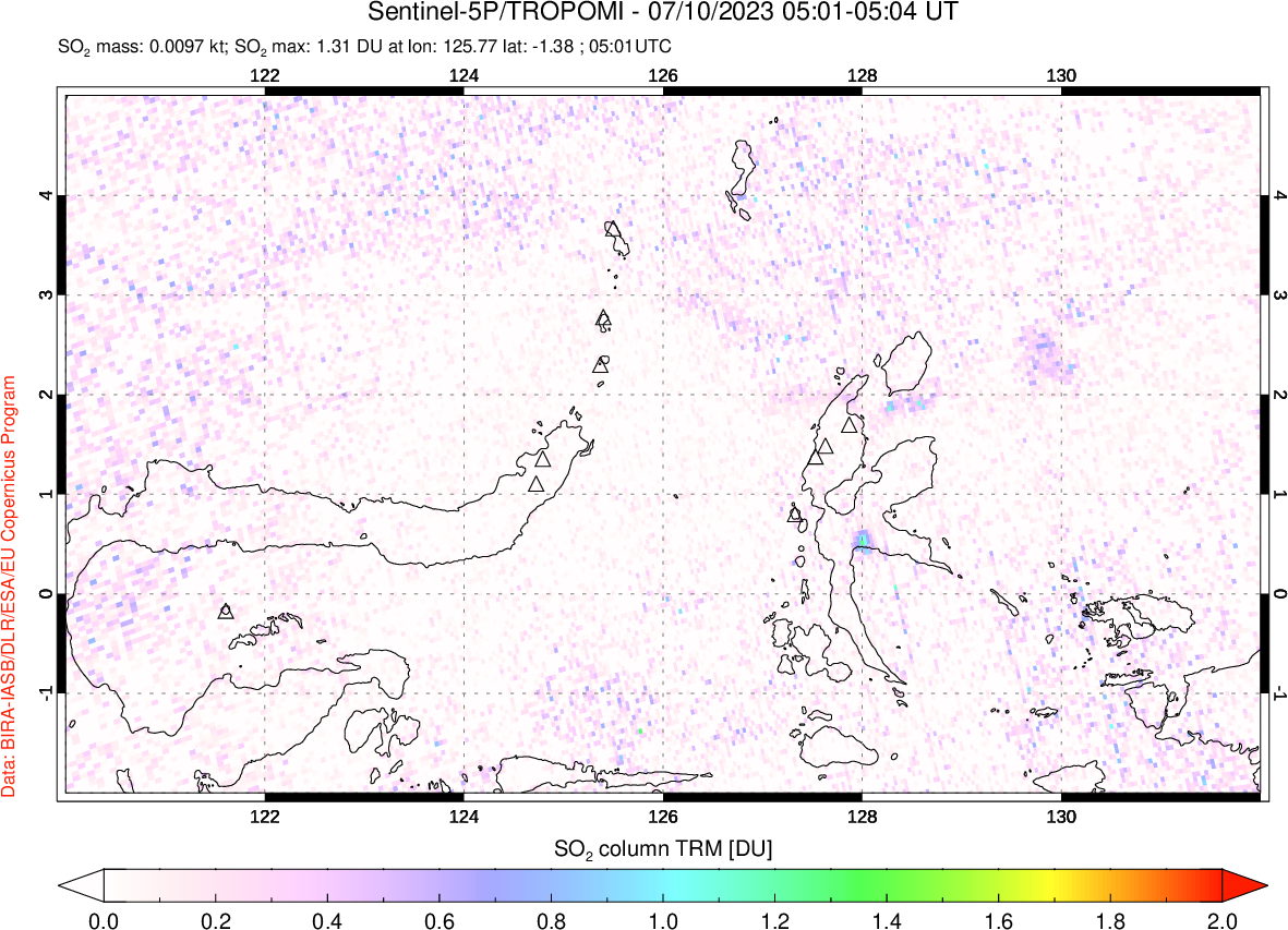A sulfur dioxide image over Northern Sulawesi & Halmahera, Indonesia on Jul 10, 2023.