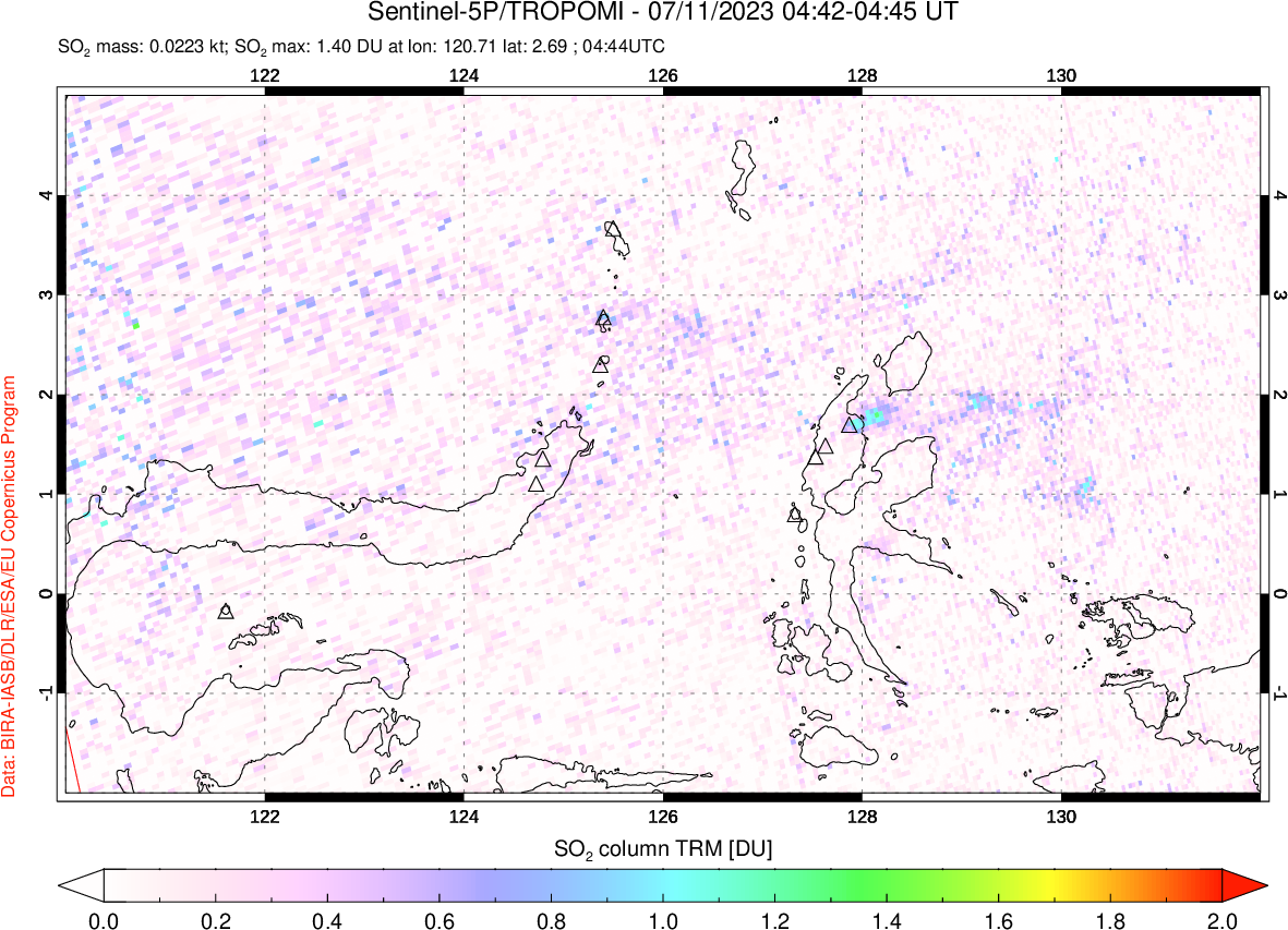 A sulfur dioxide image over Northern Sulawesi & Halmahera, Indonesia on Jul 11, 2023.