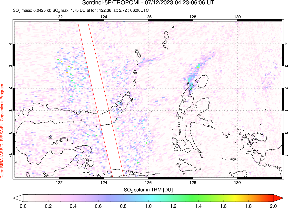 A sulfur dioxide image over Northern Sulawesi & Halmahera, Indonesia on Jul 12, 2023.