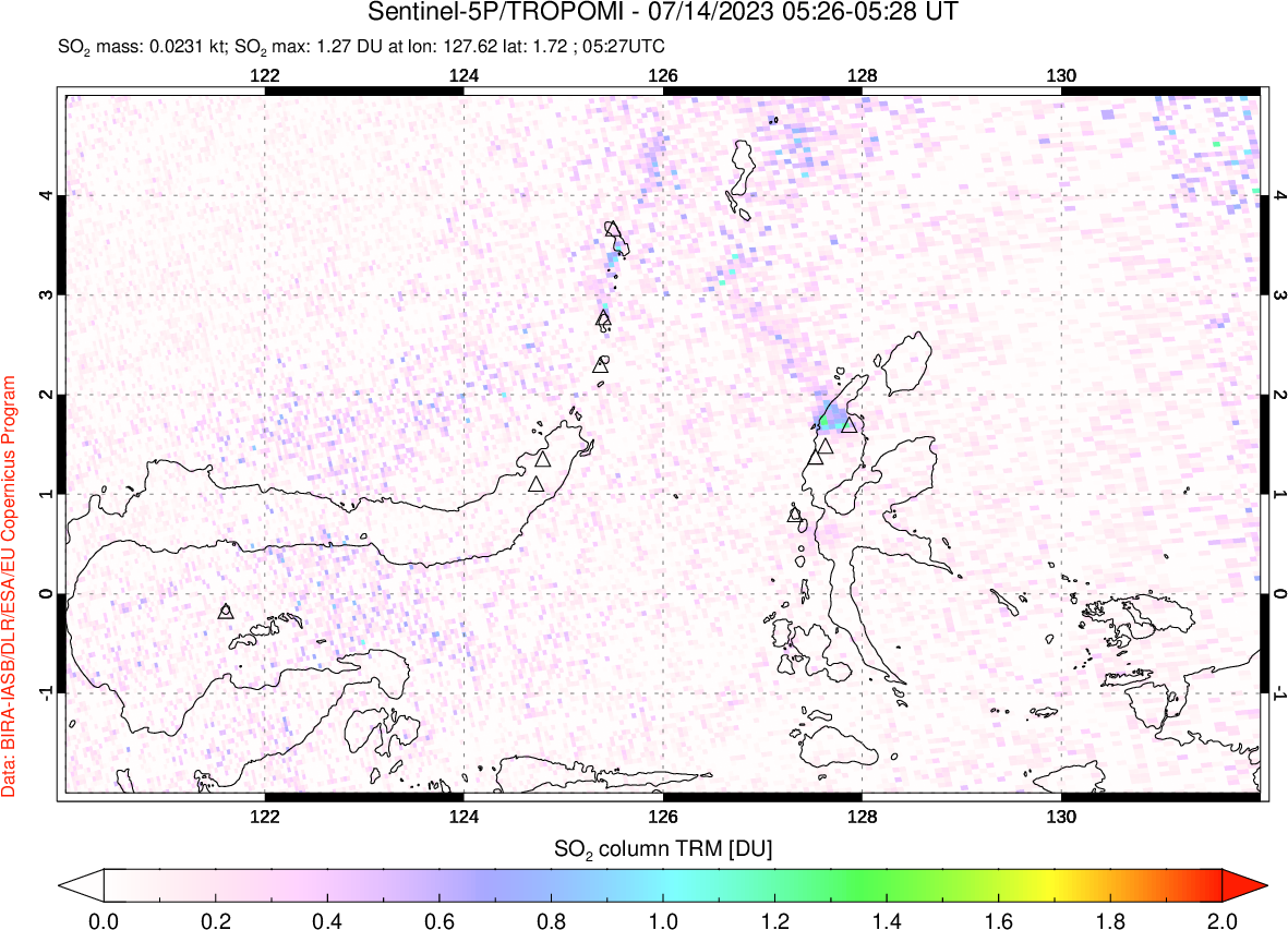 A sulfur dioxide image over Northern Sulawesi & Halmahera, Indonesia on Jul 14, 2023.
