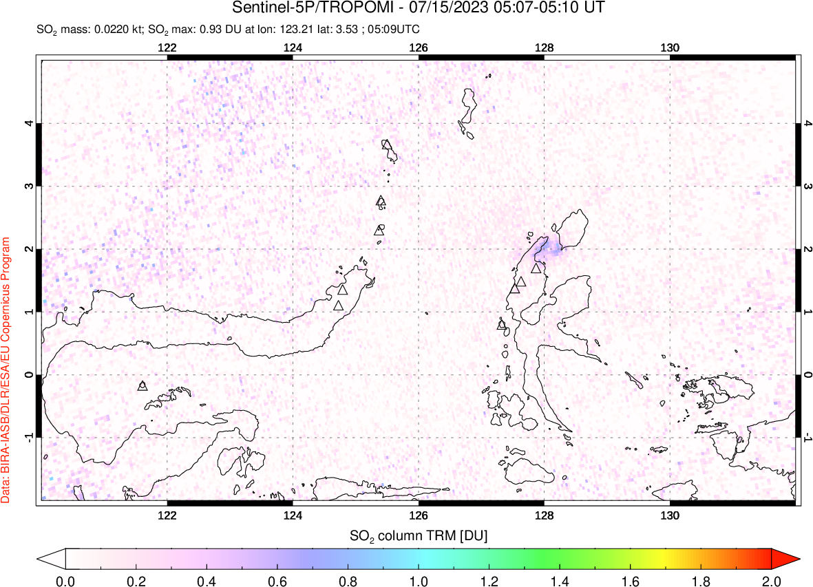 A sulfur dioxide image over Northern Sulawesi & Halmahera, Indonesia on Jul 15, 2023.