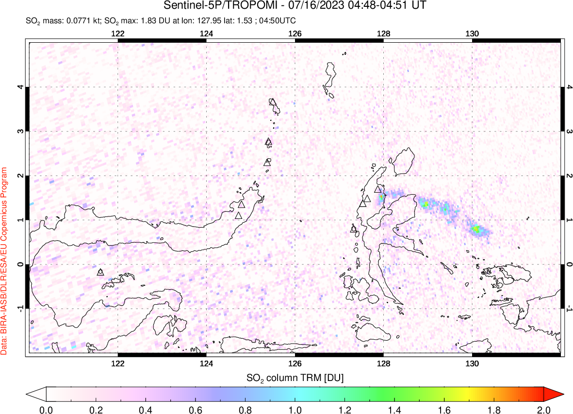 A sulfur dioxide image over Northern Sulawesi & Halmahera, Indonesia on Jul 16, 2023.
