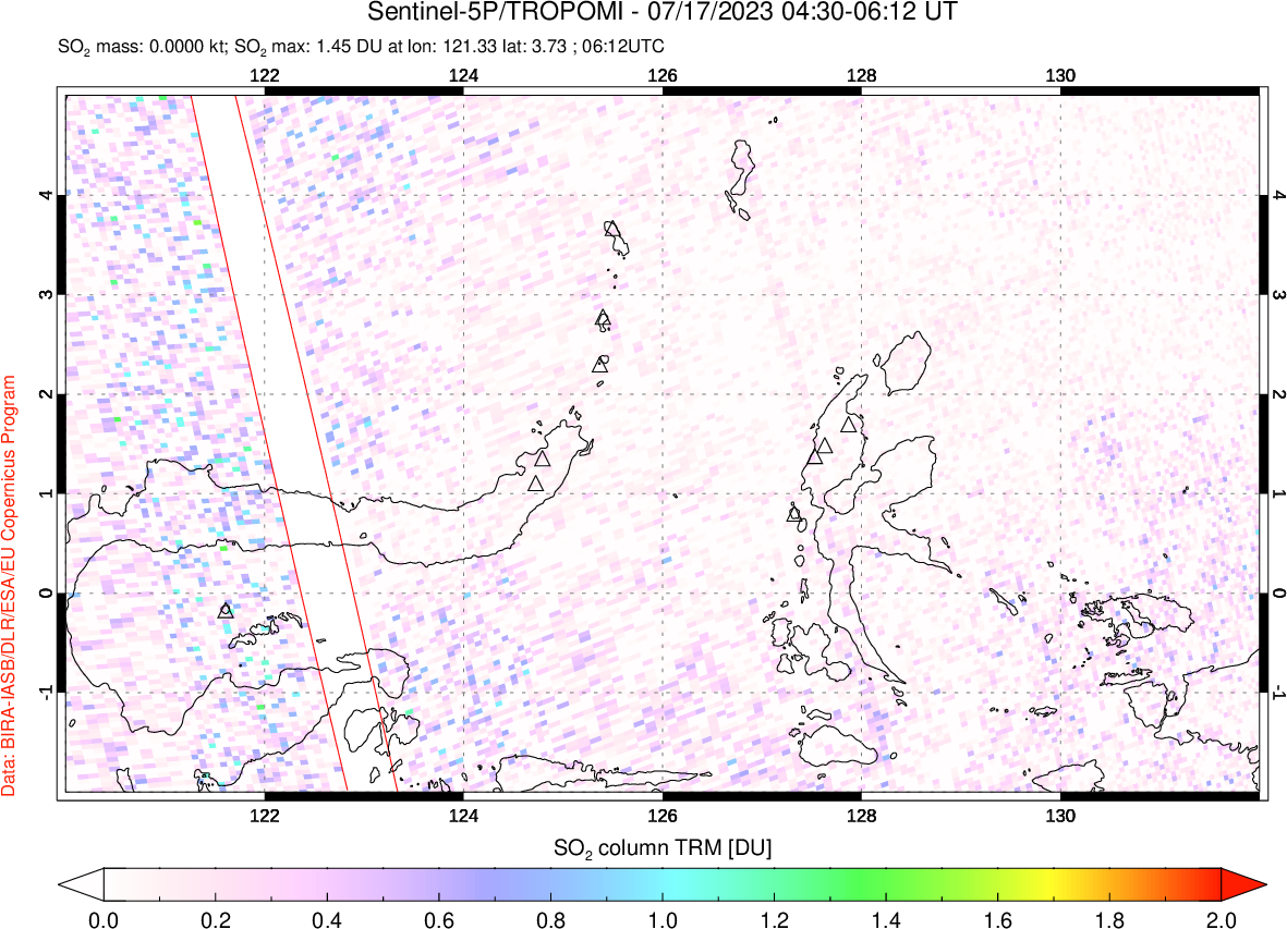 A sulfur dioxide image over Northern Sulawesi & Halmahera, Indonesia on Jul 17, 2023.