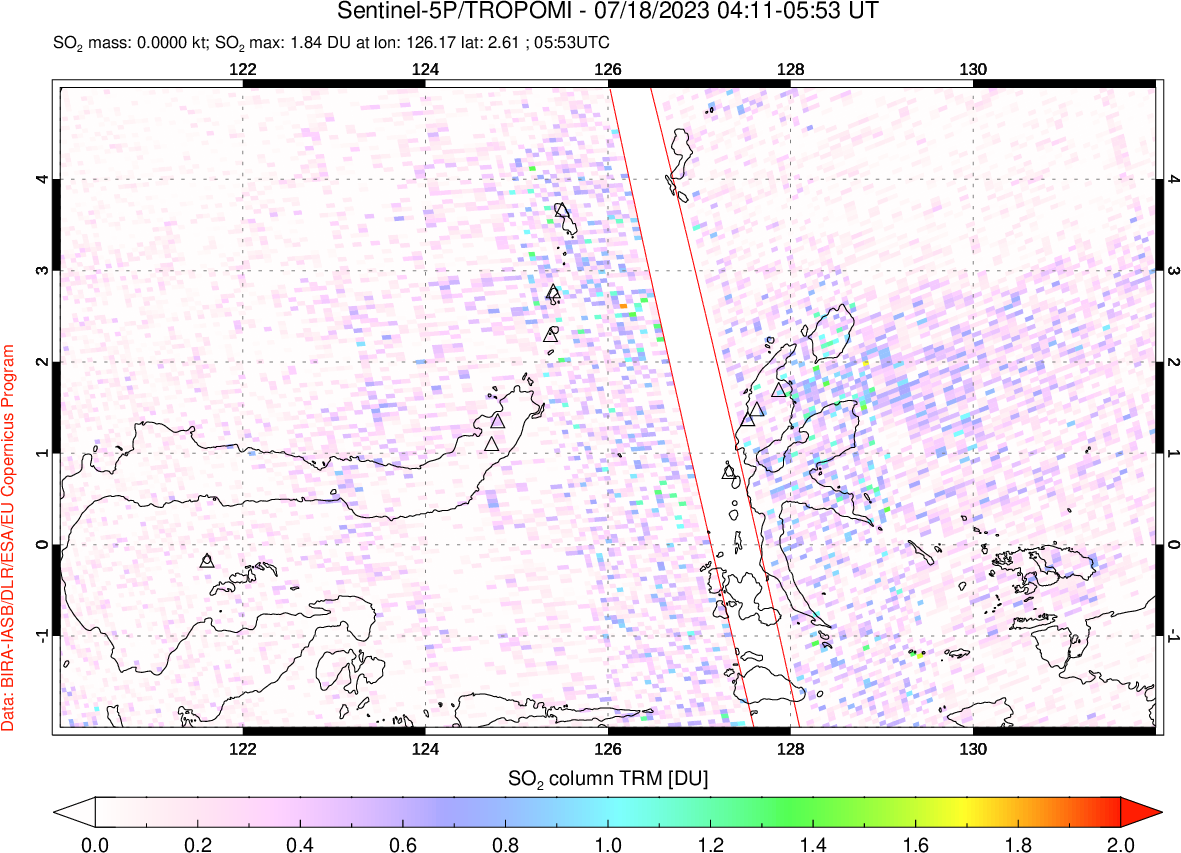 A sulfur dioxide image over Northern Sulawesi & Halmahera, Indonesia on Jul 18, 2023.