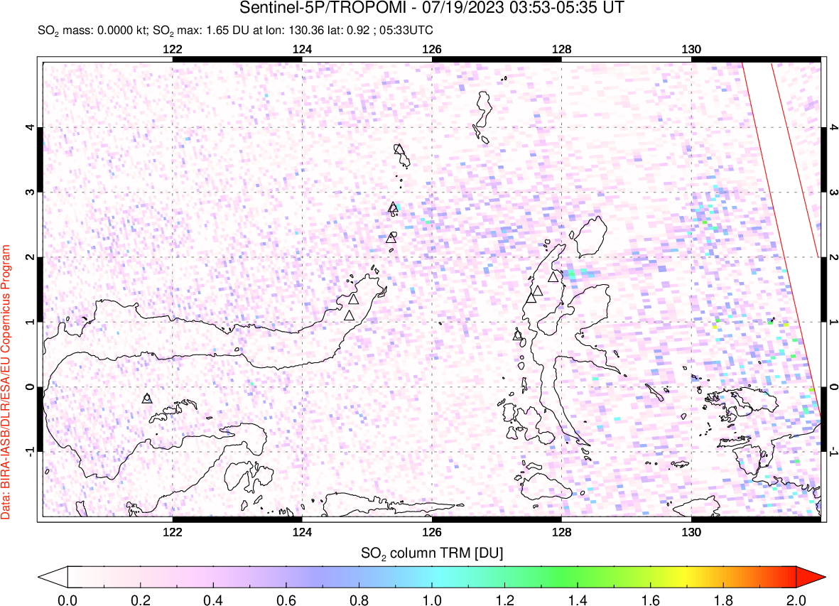 A sulfur dioxide image over Northern Sulawesi & Halmahera, Indonesia on Jul 19, 2023.