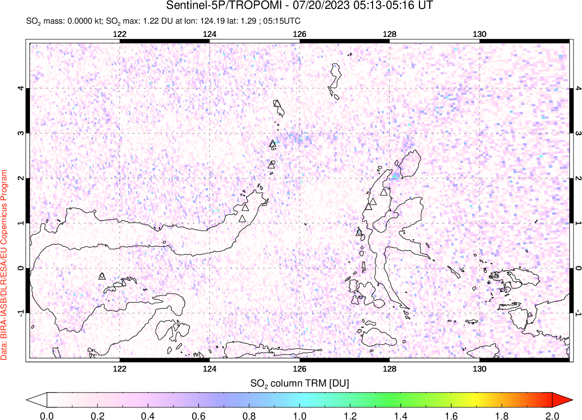 A sulfur dioxide image over Northern Sulawesi & Halmahera, Indonesia on Jul 20, 2023.