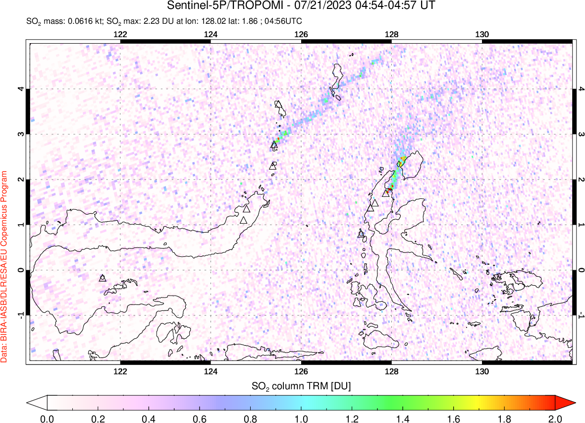 A sulfur dioxide image over Northern Sulawesi & Halmahera, Indonesia on Jul 21, 2023.