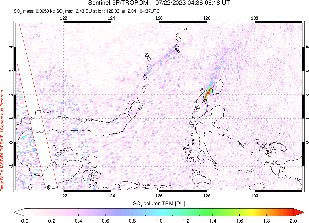 A sulfur dioxide image over Northern Sulawesi & Halmahera, Indonesia on Jul 22, 2023.