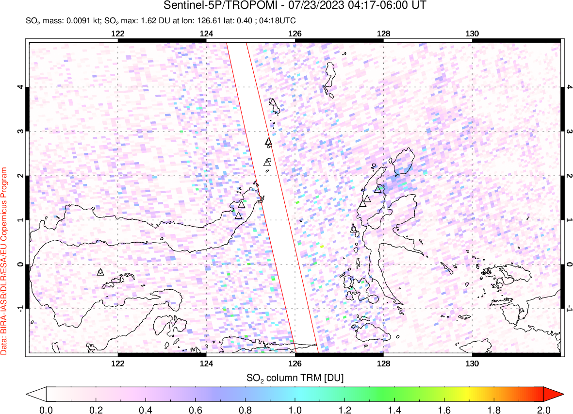 A sulfur dioxide image over Northern Sulawesi & Halmahera, Indonesia on Jul 23, 2023.