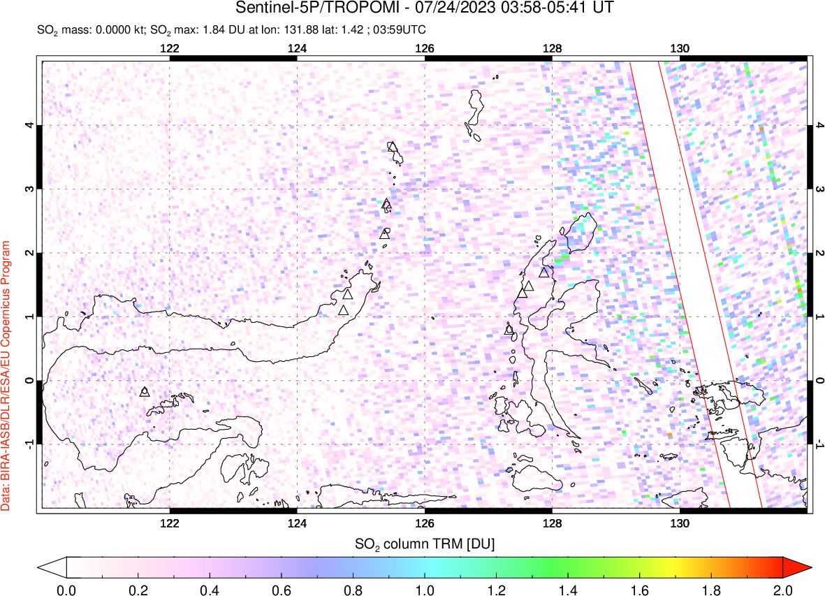 A sulfur dioxide image over Northern Sulawesi & Halmahera, Indonesia on Jul 24, 2023.