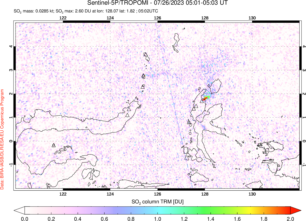 A sulfur dioxide image over Northern Sulawesi & Halmahera, Indonesia on Jul 26, 2023.