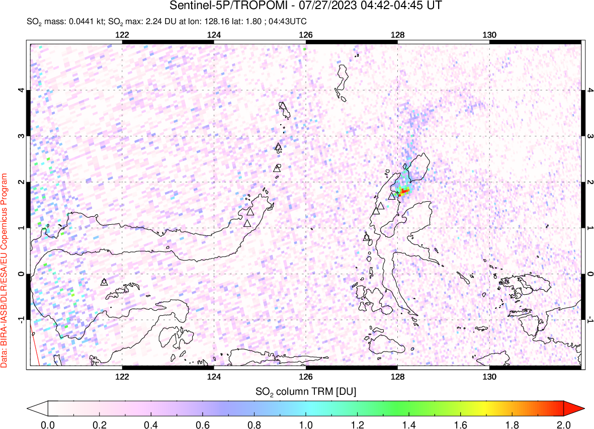 A sulfur dioxide image over Northern Sulawesi & Halmahera, Indonesia on Jul 27, 2023.