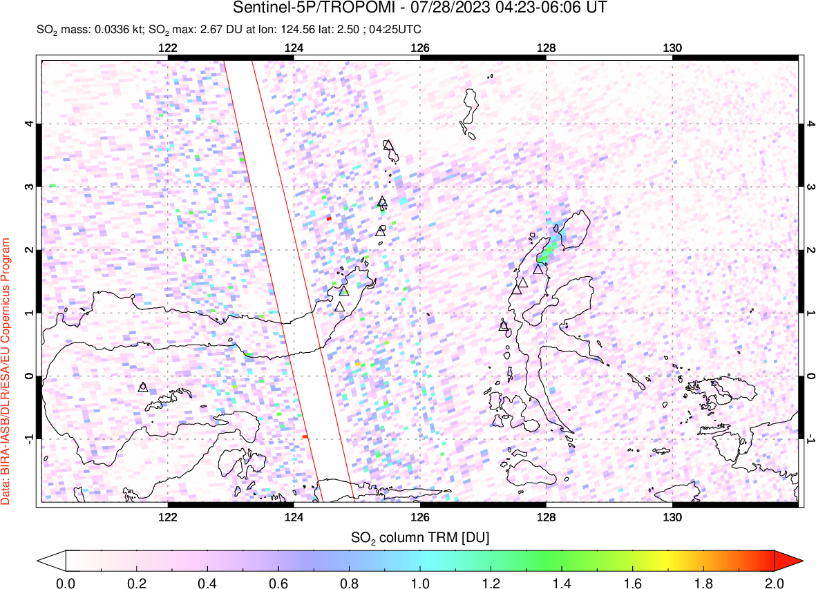 A sulfur dioxide image over Northern Sulawesi & Halmahera, Indonesia on Jul 28, 2023.