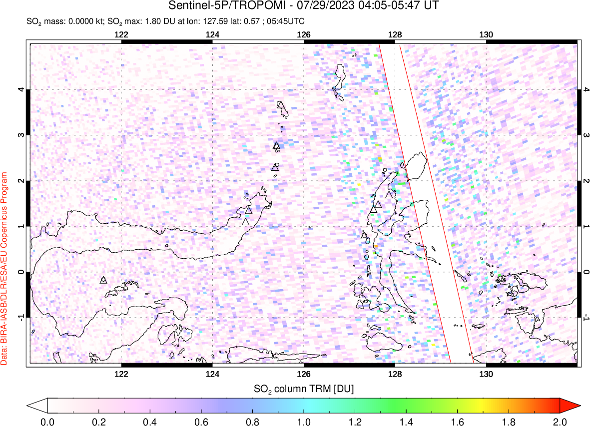 A sulfur dioxide image over Northern Sulawesi & Halmahera, Indonesia on Jul 29, 2023.