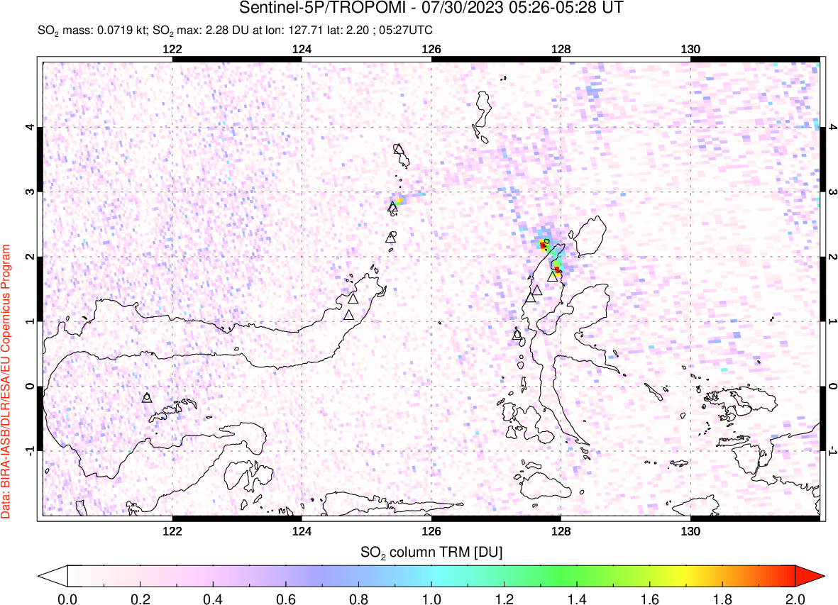 A sulfur dioxide image over Northern Sulawesi & Halmahera, Indonesia on Jul 30, 2023.