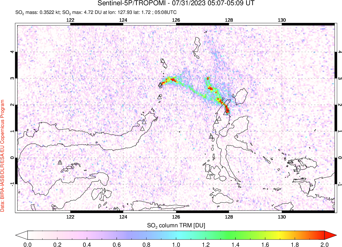 A sulfur dioxide image over Northern Sulawesi & Halmahera, Indonesia on Jul 31, 2023.