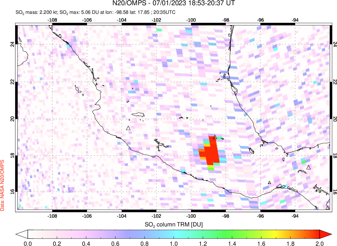 A sulfur dioxide image over Mexico on Jul 01, 2023.