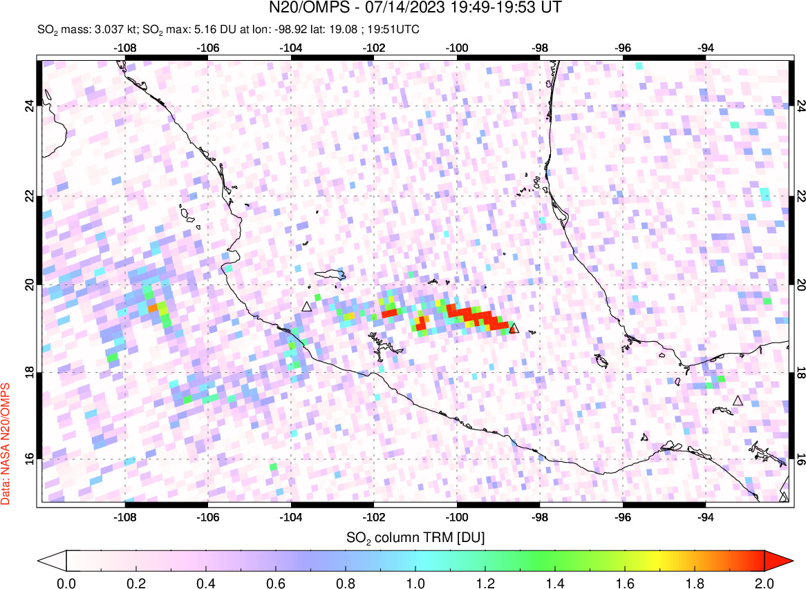 A sulfur dioxide image over Mexico on Jul 14, 2023.